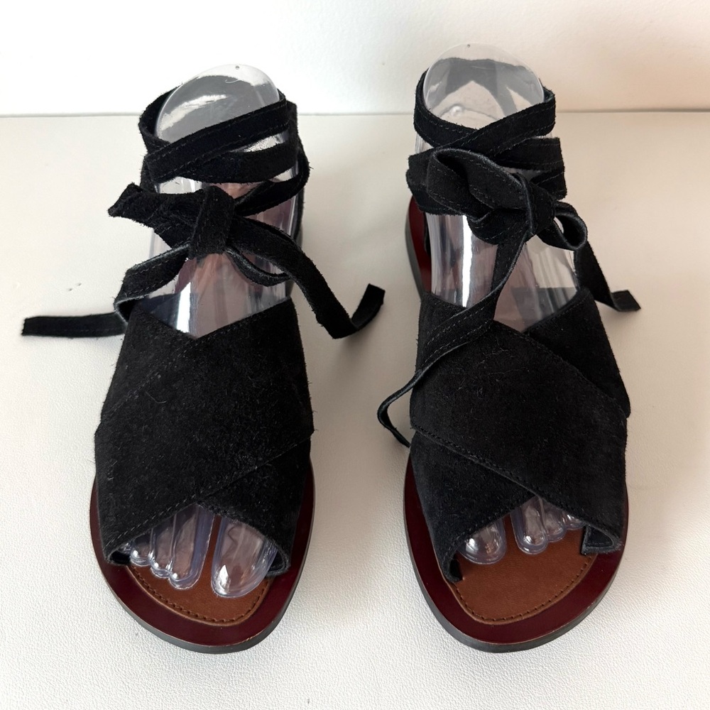 Hibou Bohemian Black Suede Ankle Wrap Flat Sandals | Lace-Up Open Toe NWT - Picture 2 of 13